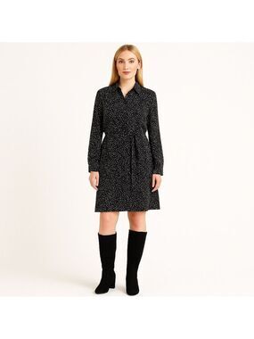 NWT Reitmans Black & White Polka Dot Patterned Long Sleeve Button-Down Dress med